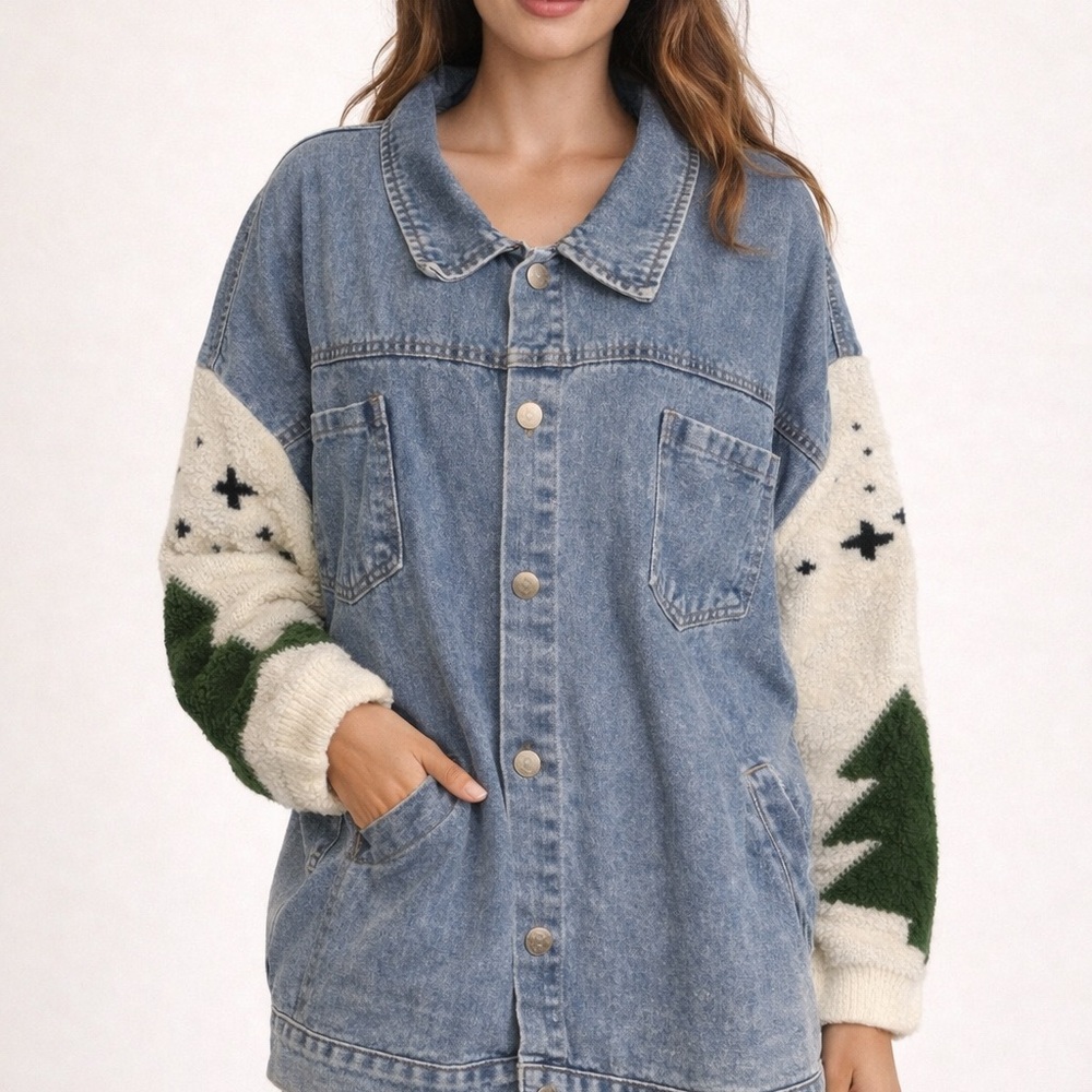 Nora Madison Jean Jacket‎ Women's Oversized Denim Sherpa Knit Sleeves Boho XL